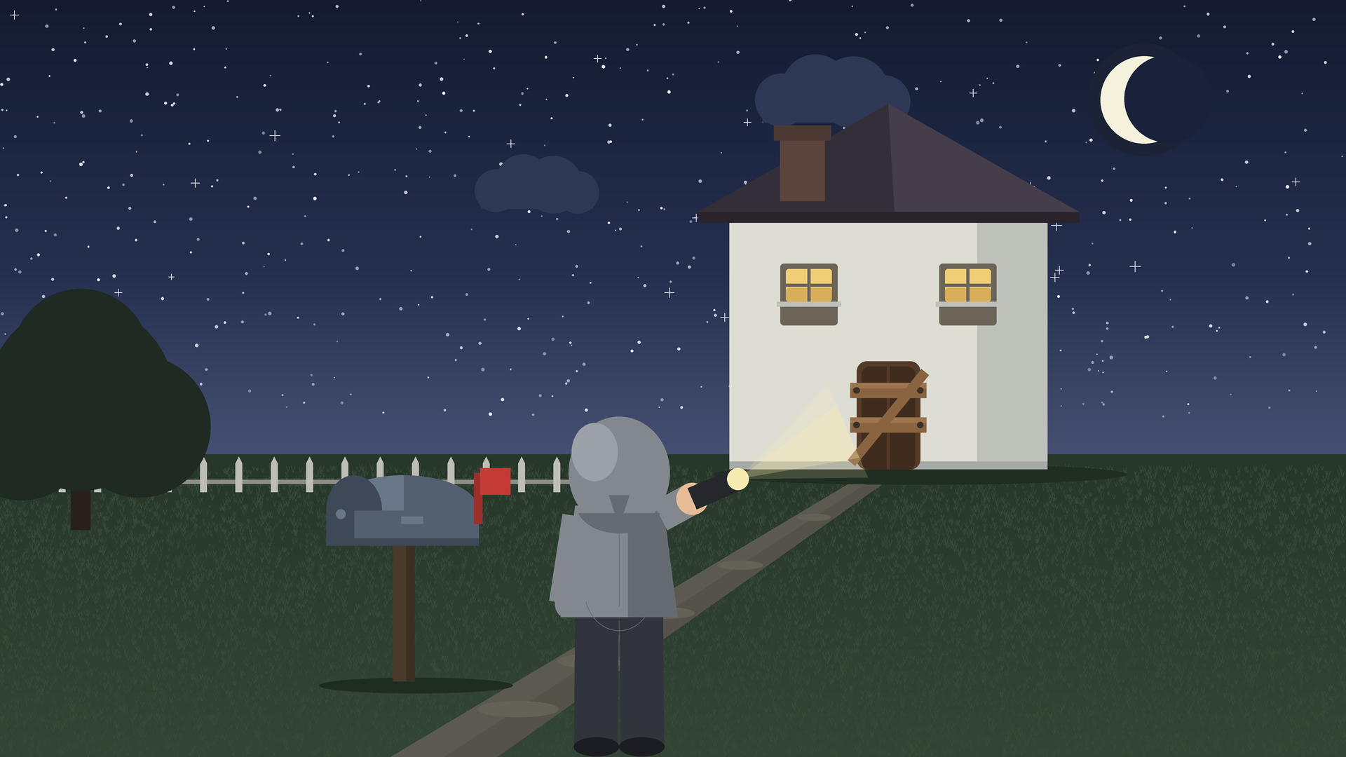 A figure with a flashlight stands before a white house at night, a small mailbox by the gate under a crescent moon.