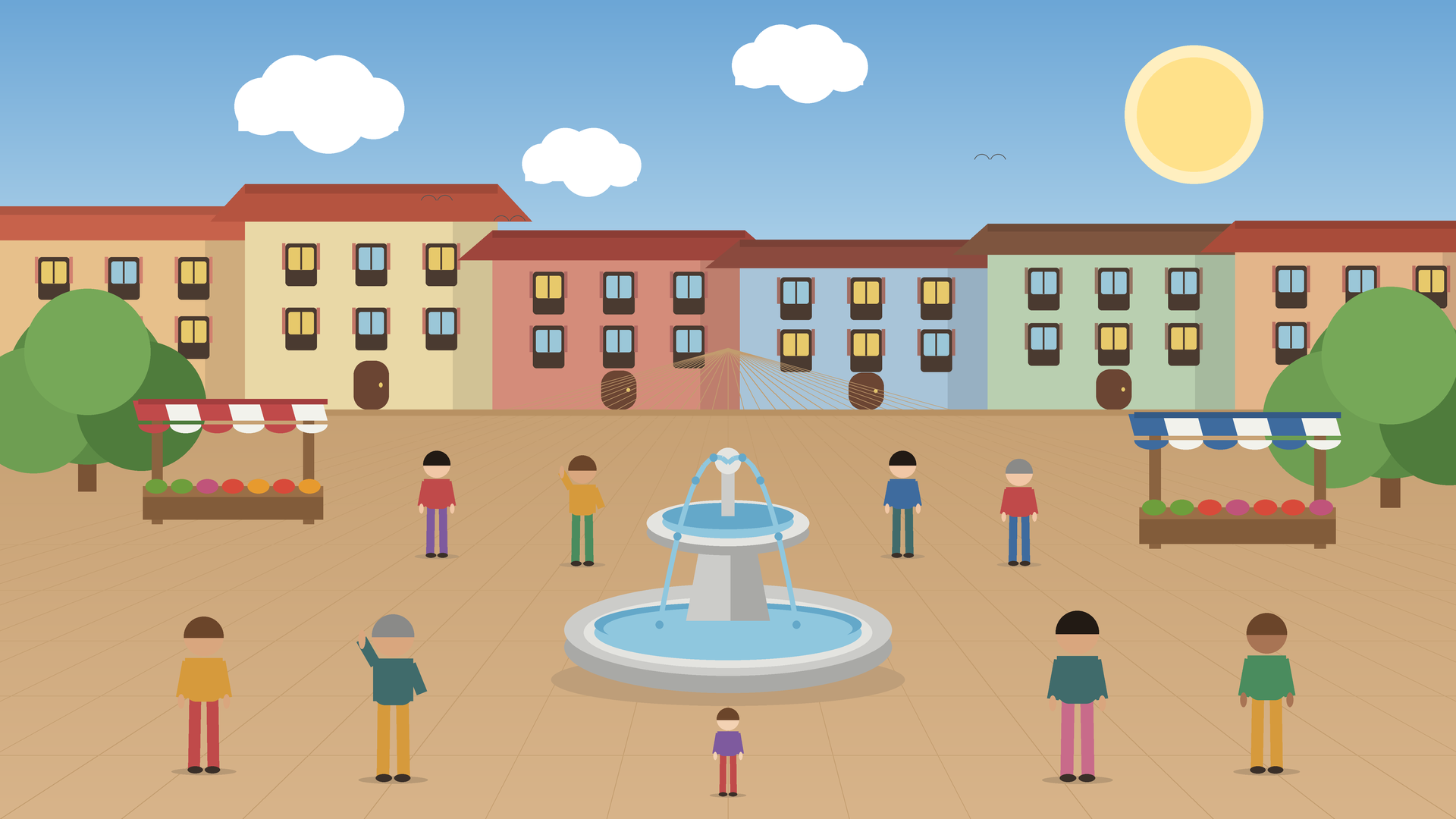 A sunny village square with a central fountain, market stalls, and colourful townsfolk.
