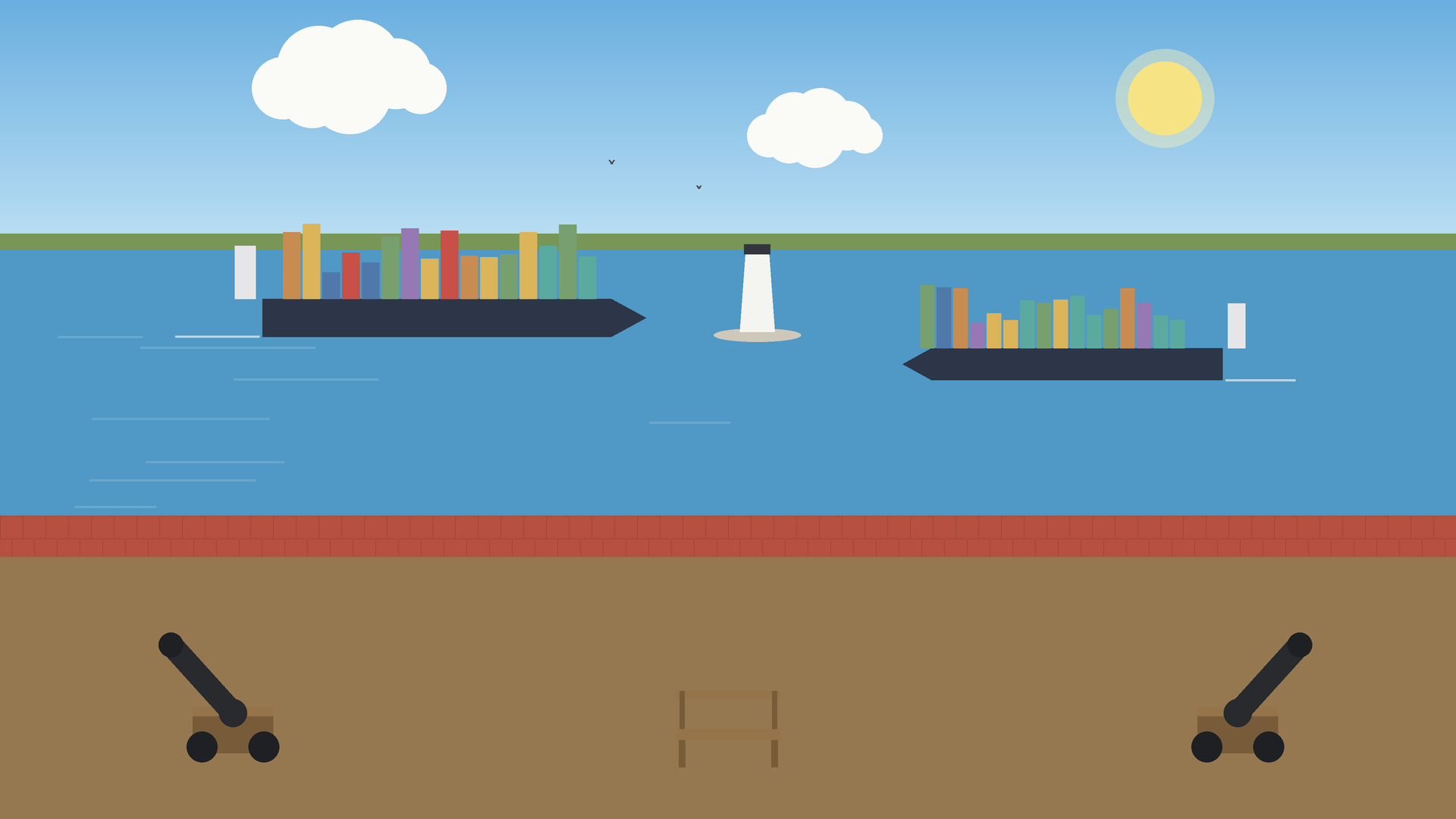 The cannon-lined rampart of a coastal fort, with container ships passing a small lighthouse on the river beyond.