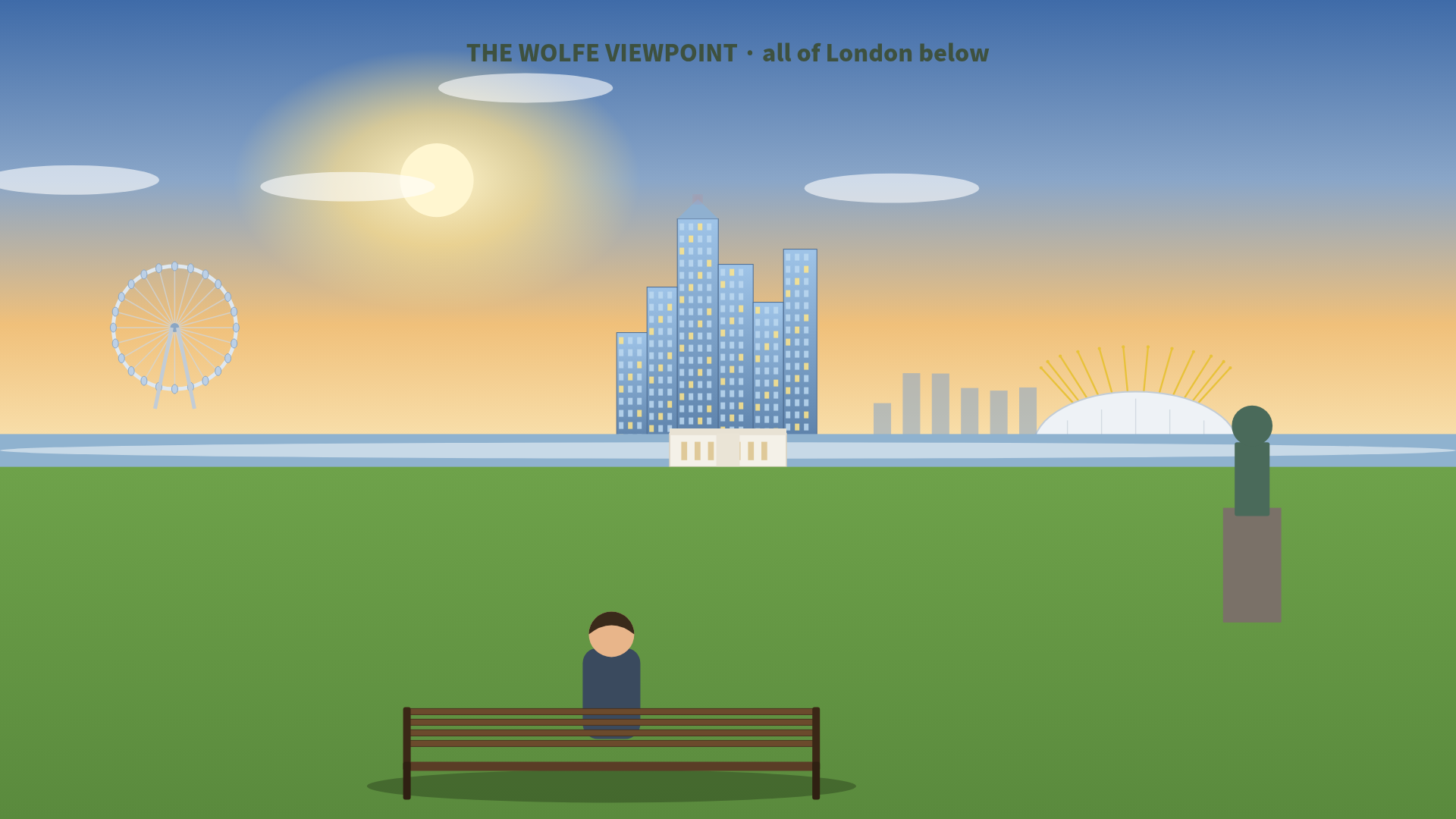 A person on a park bench at golden hour looks out over the London skyline, a big wheel and towers on the horizon.