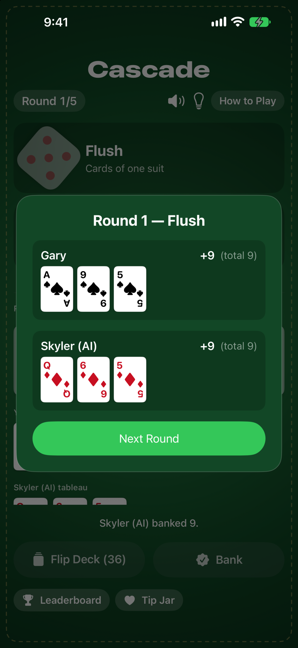 End of a Flush round — dead even at 9.