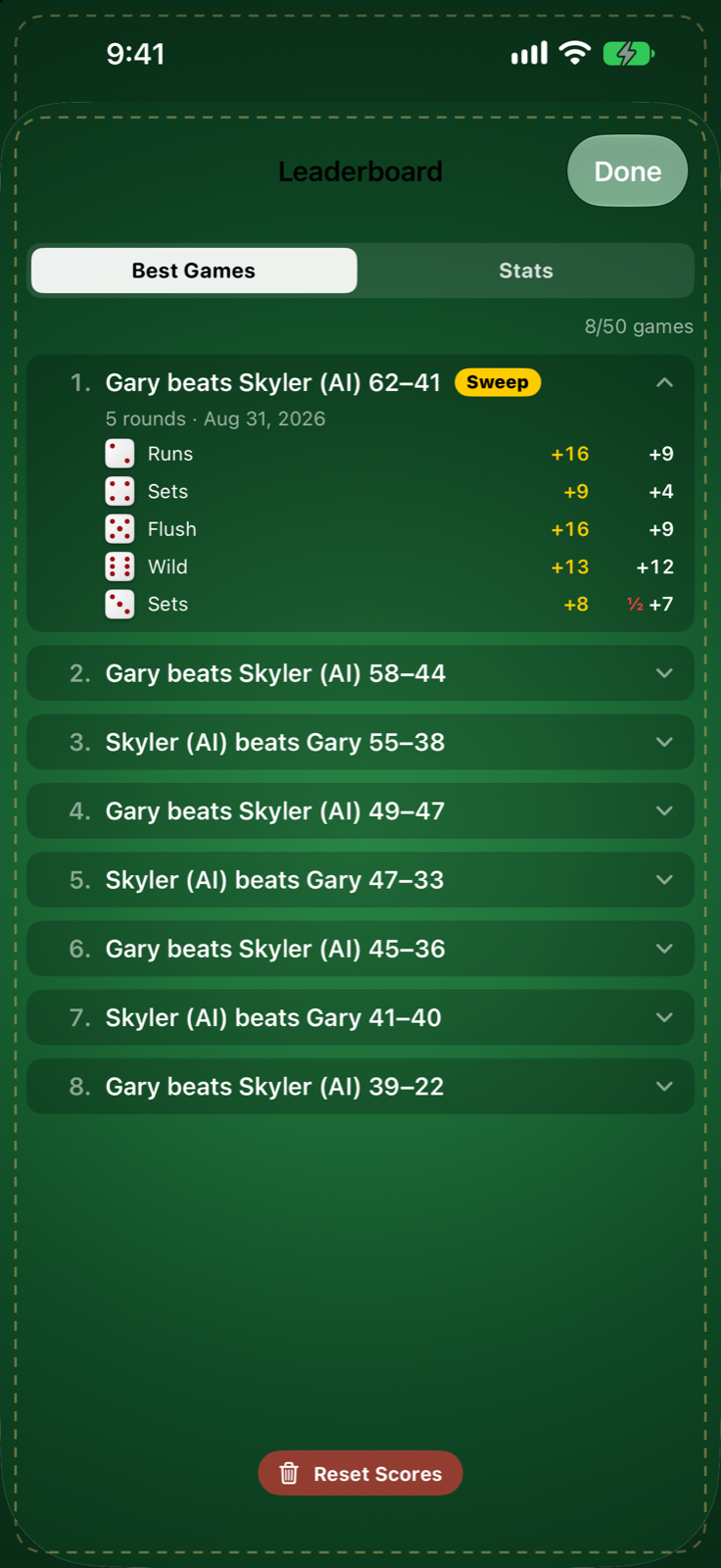 Fifty games of history, kept on the phone and nowhere else.