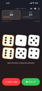 EmberDice mid-game: two sixes kept, 27 on the table