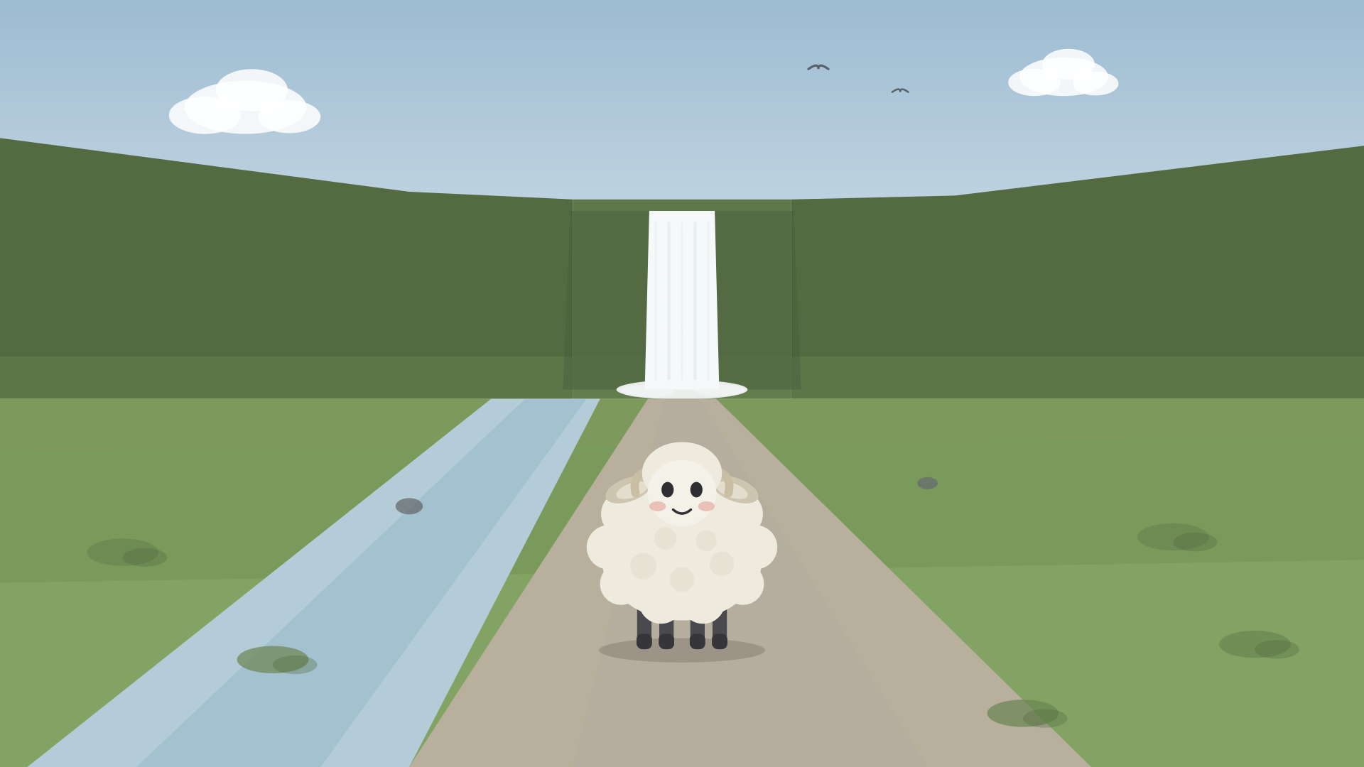 A round woolly sheep standing in the middle of the meadow path, with Skógafoss falling in the distance behind it